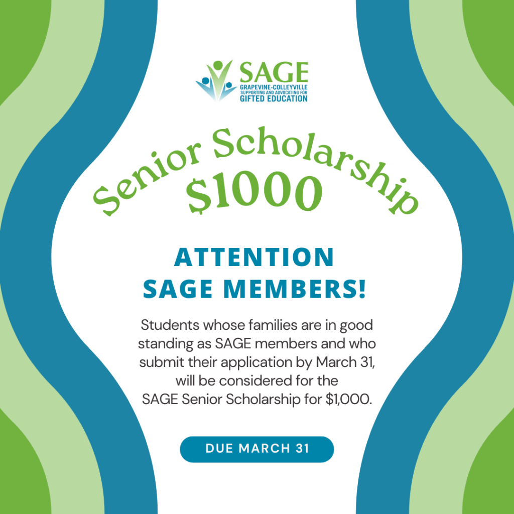 SAGE senior scholarship for $1000 application now available. Due March 31. 
